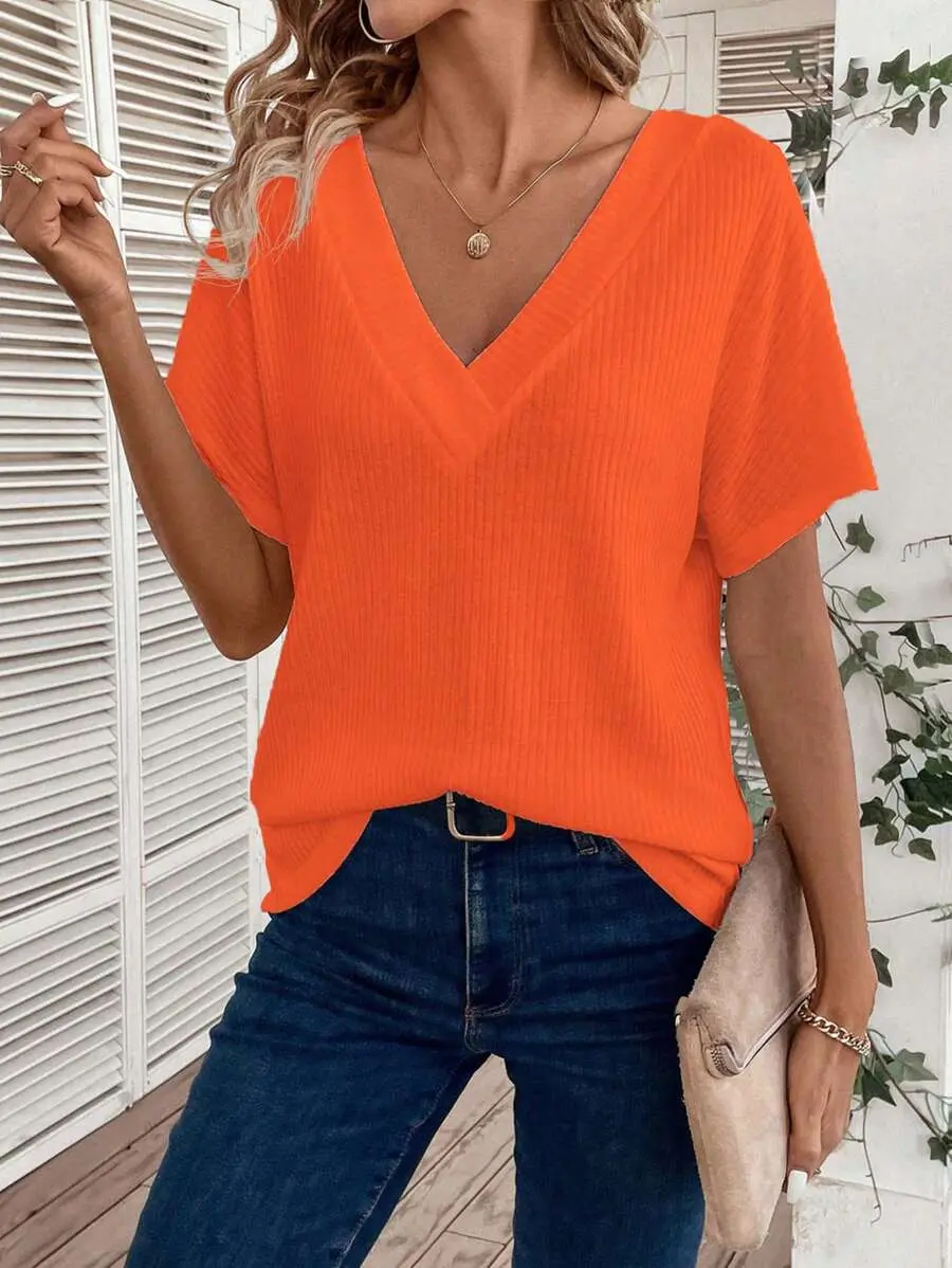 Casual Solid Color V-Neck Batwing Sleeve T-Shirt, Summer