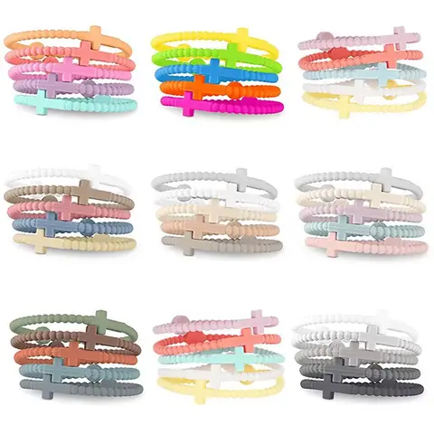 Kids' 5pcs S Size Bless You Cross Design Bracelet Stacks - Geometric Christian Cross Design Bangle, Jesus Bracelet, Daily Wear Fashion Costume Jewelry Accessories