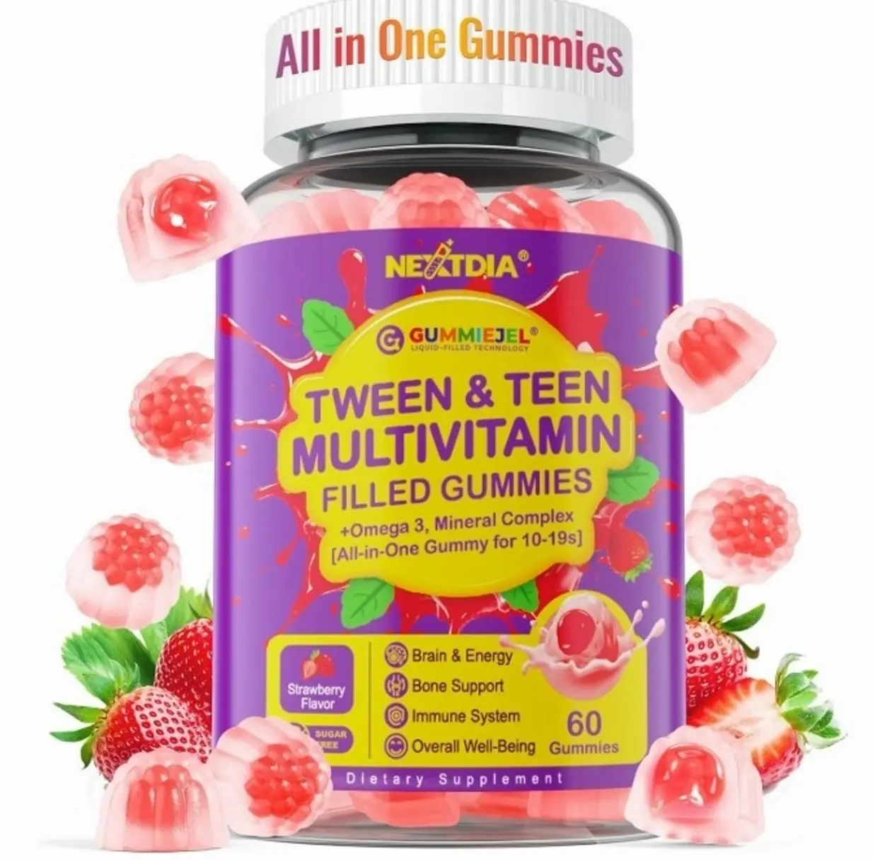 Multivitamin Filled Gummies for Teen Boys Girls 12-17, 18, 19, Kids 10+ Multivitamin with Omega 3, Calcium + Magnesium + Zinc, Multi-Minerals for Adolescent 10-19S Brain, Bone, Energy, Immune