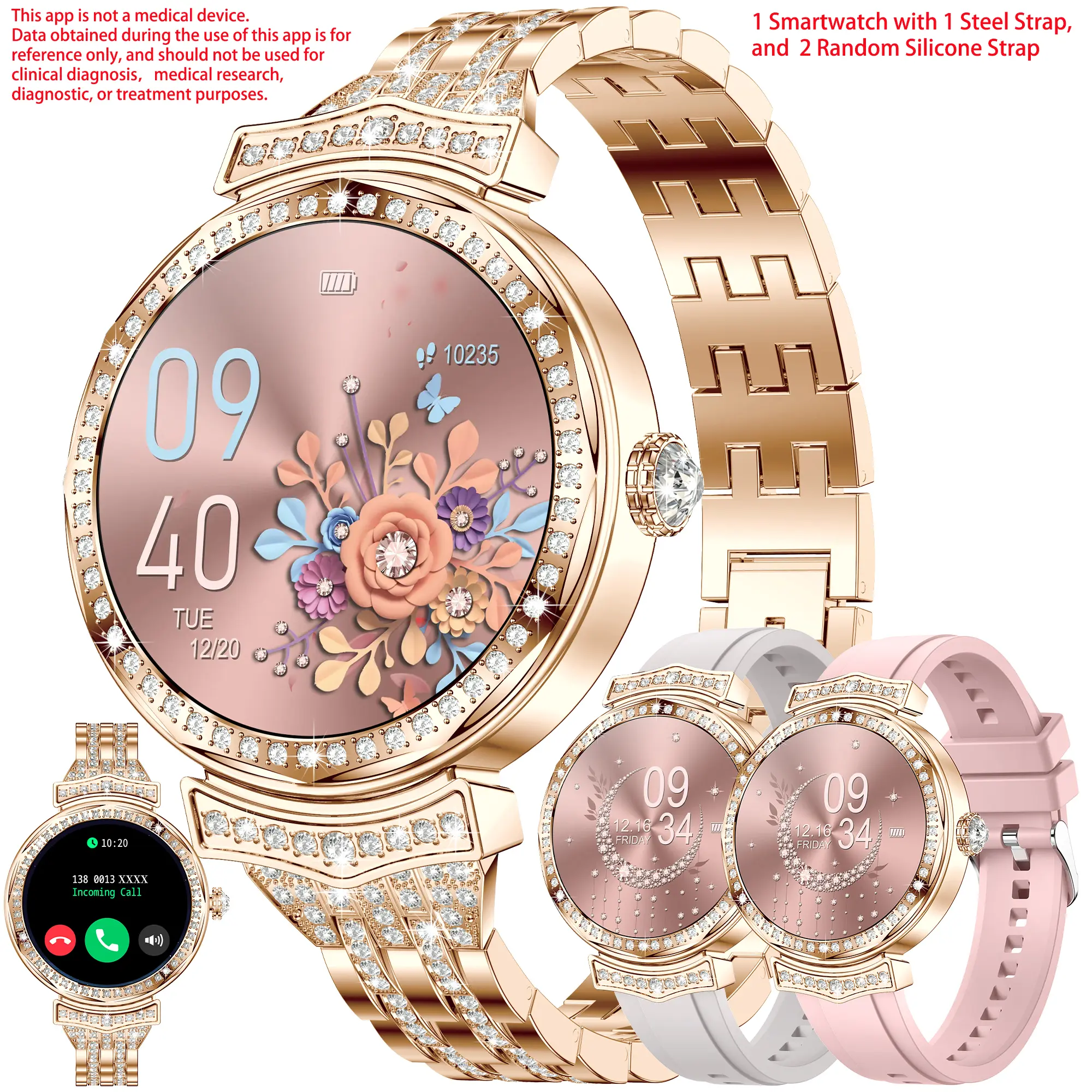 1.32 "AMOLED Women's Smart Watch, Answering/Making Calls, Women's Smart Fitness Watch - Call Integration, Sleep Monitoring, Call Information Reminder, Multi functional Smart Watch, Smart Watch with 1 Steel Belt and 2 Random Silicone Straps