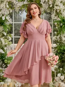 Plus Size Women's Elegant Deep V Neck Multi-Layer Ruffled Sleeves Waist Cinching Bridesmaid Dress, Fitted Short Dress for All Seasons