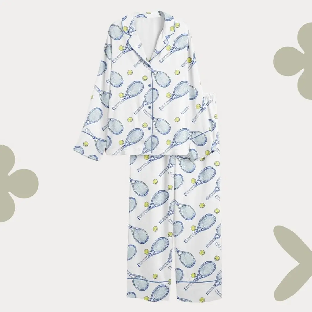 Tennis Racket Pajama Set – Blue Preppy Sport Print Sleepwear
