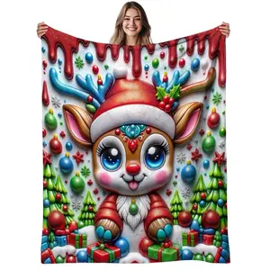1pc Cute Reindeer Flannel Blanket - Soft Warm 280gsm All-Season Bedspread with Christmas Trees, Holly & Sleigh Design, Cozy Bed Cover Room, Sofa, - Pink/Green Holiday Bedding, Christmas Decorations, Throws For Sofa, Stitch Christmas, Christmas Fleece Blan
