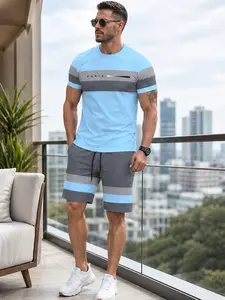 New Men's Paris-Inspired Striped Gradient Casual Round Neck T-Shirt Set, Short Sleeve T-Shirt and Shorts Matching Two-Piece Set, Summer Vacation