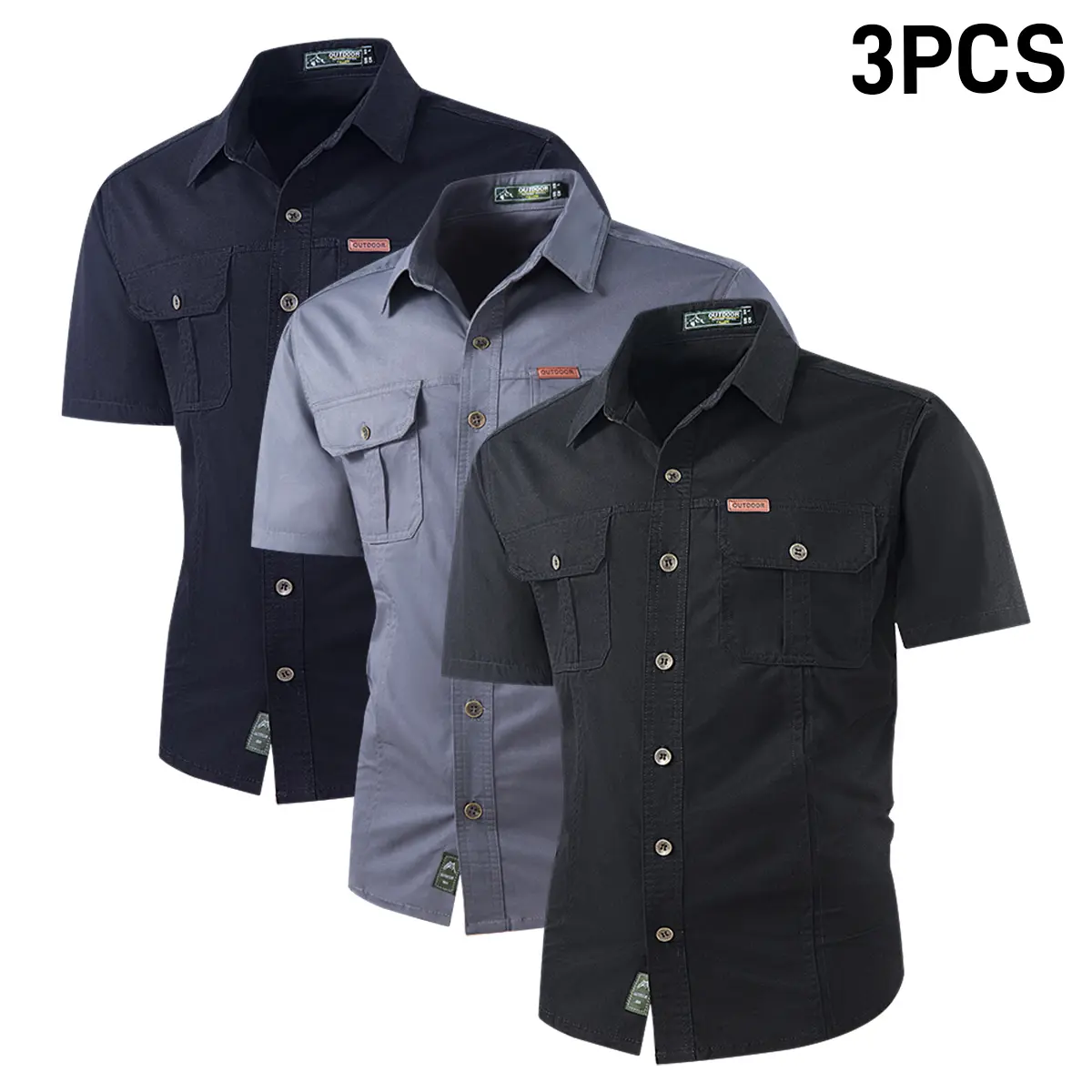 3-pack men’s outdoor casual sports short-sleeve shirts, multi-pocket design, lightweight style, suitable for hiking and fishing in spring and autumn.