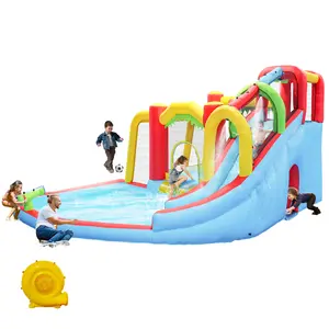 7-in-1 Inflatable Water Park | Slide • Bounce House • Splash Pool • Climbing Wall • Water Gun • Basketball & Football Goals • Backyard Summer Fun!