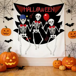 Scary Halloween Wall Tapestry, Spooky Skeleton Pumpkin Ghost Print Backdrop for Party Indoor Home Decor