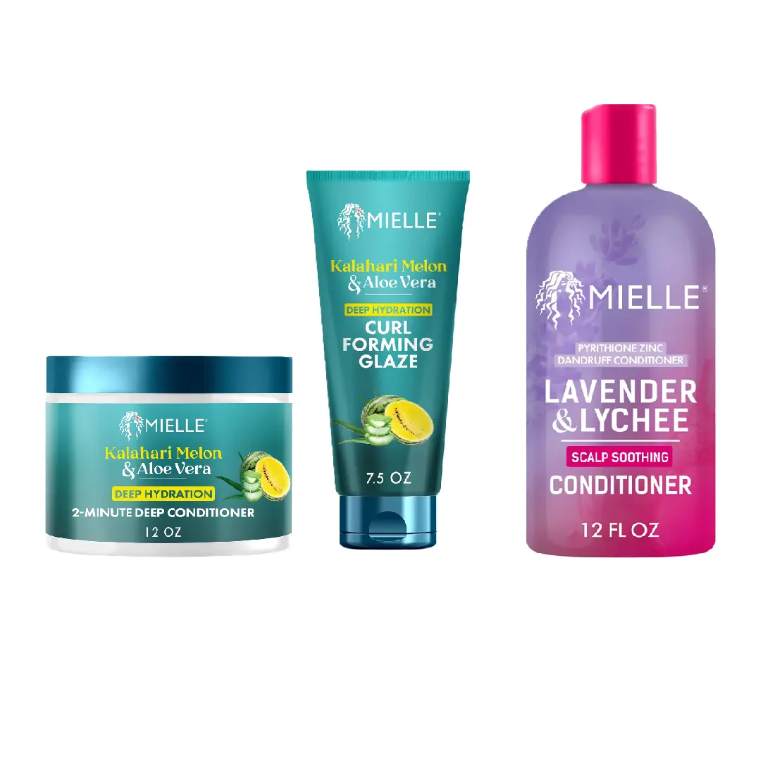 Mielle Ultimate Moisture Layering Hair Kit with a 2-minute deep conditioner, scalp soothing conditioner, and curl forming glaze.