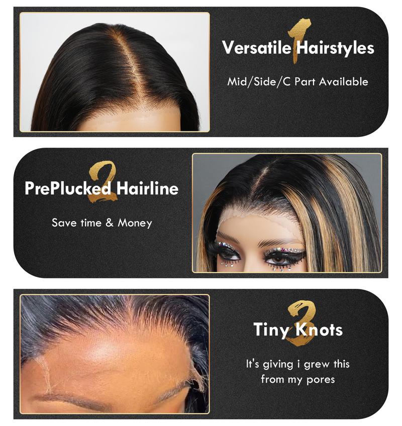 QUANDIAN 13x6 Balayage Highlight Lace Front Double Drawn Wig Human Hair 220% Density Pre Bleached Tiny Knots Straight Hair FB/27 Ombre Wig Springtok