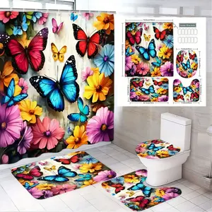 1/4pcsSpring Summer Bathroom Set 4 Piece, Shower Curtain Sets, Colorful Butterflies & Flowers Shower Curtain + 2 Bath Mats + Toilet Seat Cover, Vibrant Light Background, Festive Easter Decor, Housewarming Gift, Cheerful Lively Bathroom Decor