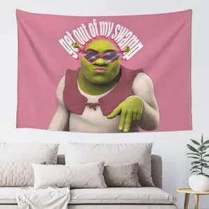A fun Shrek pink flag tapestry, perfect for hanging in bedrooms, men's private spaces, university dormitories, or as an outdoor banner.