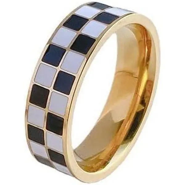 Checkerboard Bands Statement Finger Ring 14K Gold Black White Titanium steel Ring Size 5-10