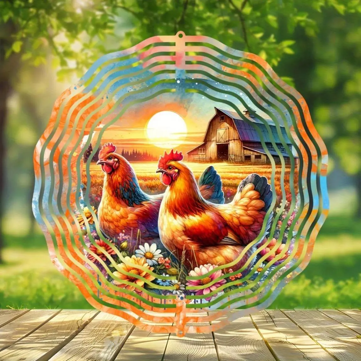 Rooster Pattern Round Wind Spinner, Stainless Steel Outdoor Decor, Chicken Kinetic Sculpture for Yard Garden, Fall Thanksgiving Gift