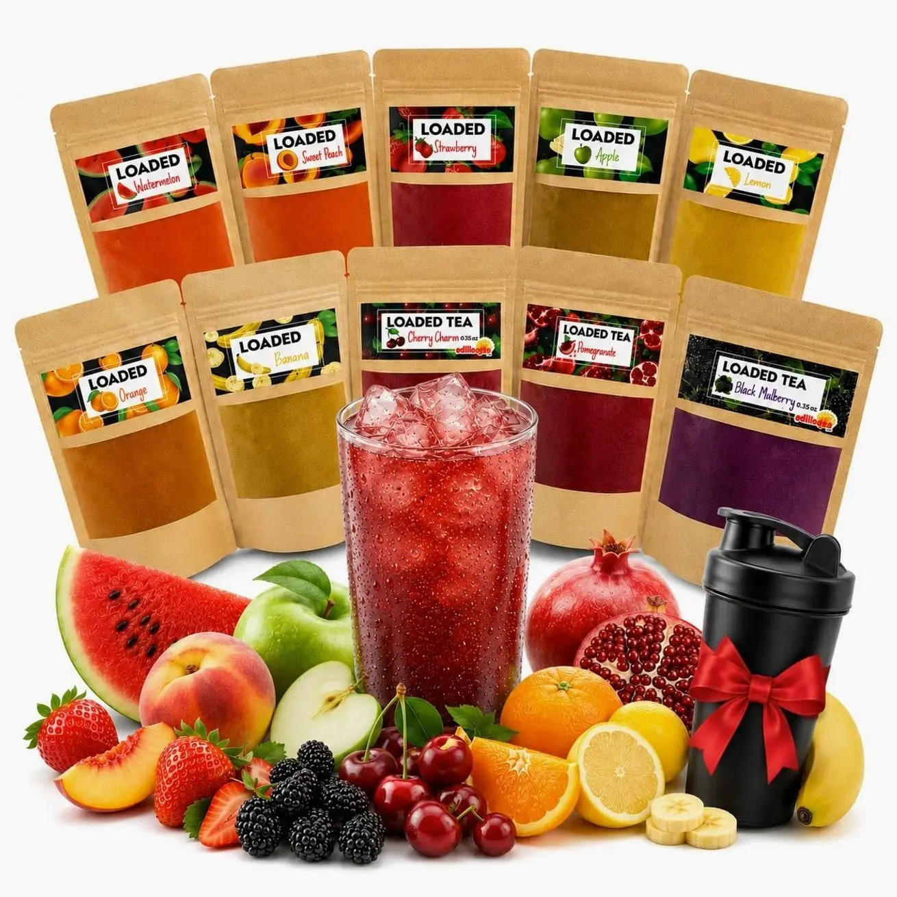 Loaded Tea Pack Mixed Flavors, Includes Shaker, 10 x 10g (0.35 oz), Each Makes 50 fl oz (1.5 Liters), 10 Fruity Flavors, Premium Iced Energy Tea Drink