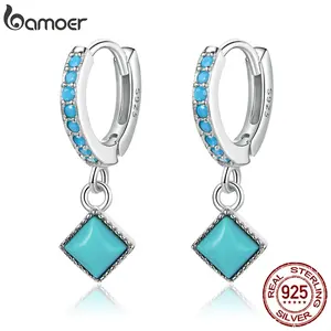 bamoer Vintage 925 Sterling Silver Ear Buckles Simple Tugquoise Pendant Drop Earrings for Women Fine Jewelry Beach Party Gift