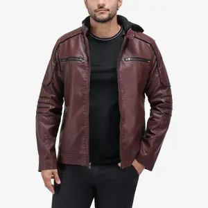 X RAY Mens Motorcycle PU Leather Jacket With Faux Shearing Lining in BURGUNDY/BLACK Size Medium