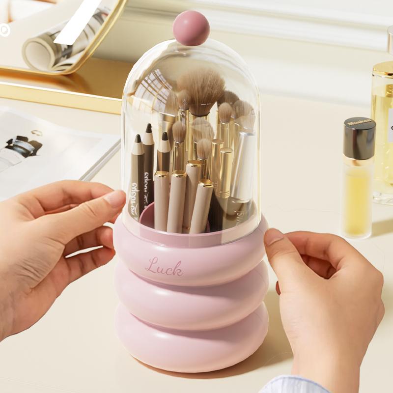 360° Rotating Makeup Organizer with Clear Dustproof Lid – Rabbit Ear Design, Multi-Layer Storage for Brushes, Lipsticks, and Skincare, Polished Finish, Countertop Vanity Organizer