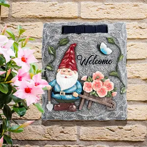 Solar LED Garden Gnome Stepping Stone for Patio Balcony Yard Lawn Decorative with Funny Welcome Design Resin Weather Resistant Outdoor Decoration 8.5x1.5x10 inches