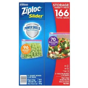 Ziploc Slider Storage Bags Variety Pack (Quart 96 ct., Gallon 70 ct.) Kitchen Plastic Organiser Expandable