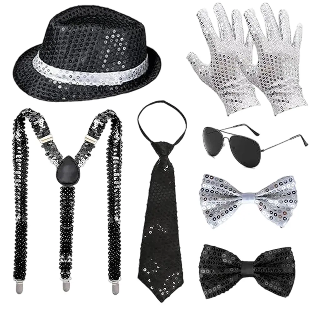 7 Pcs Unisex Halloween 70s 80s Disco Performance Costume Sparkly Sequin Dance Star Set with Gloves, Fedora, Sunglasses, Tie, and Sequin Strap, Perfect for Cosplay and Theme Parties