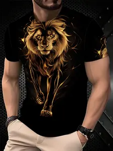 Men's Printed T-Shirt - Black/Gradient Multi-color Trendy Top, Round-neck Short-Sleeved T-shirt, suitable for daily wear, casual gatherings, fashionable gradient style, machine washable, Streetwear