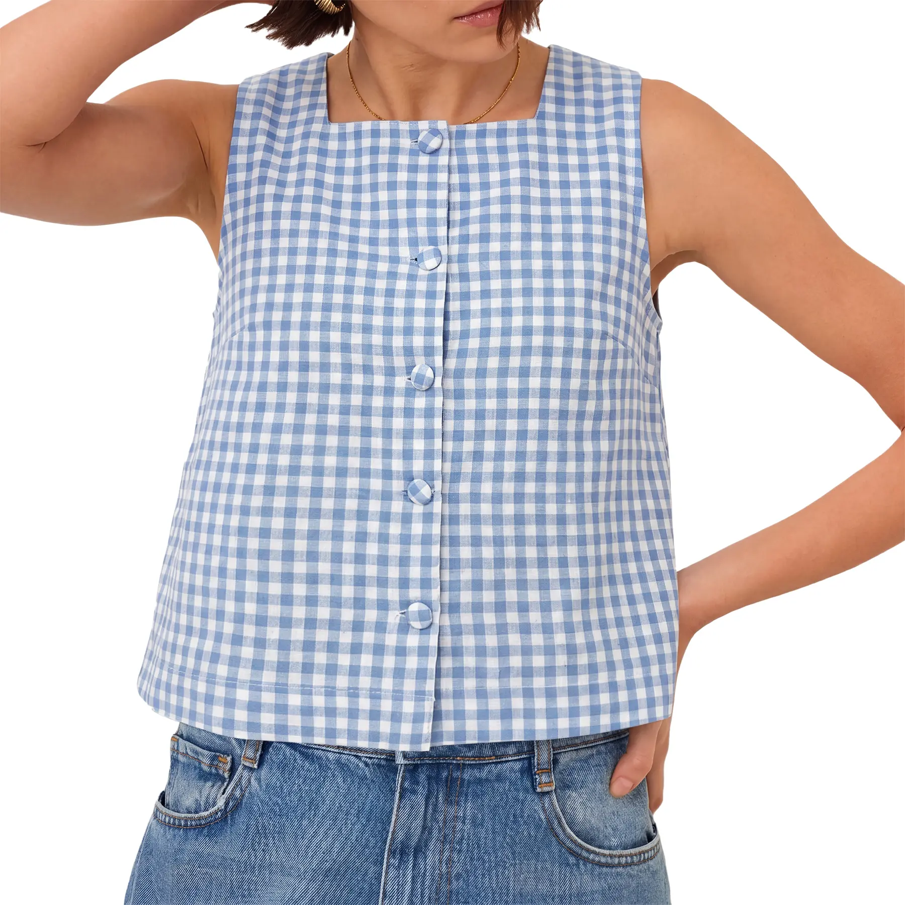 MaLinfandor Women's Checkered Square-Neck Tank Top Summer Y2K Style Short Sleeveless Cotton Fabric Casual Business & Vacation Wear