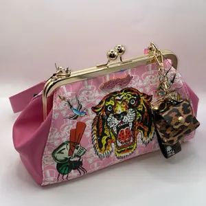 Ed Hardy Pink & Gold Graphic Clutch Handbag w/ Rhinestone Tiger & Kiss Lock