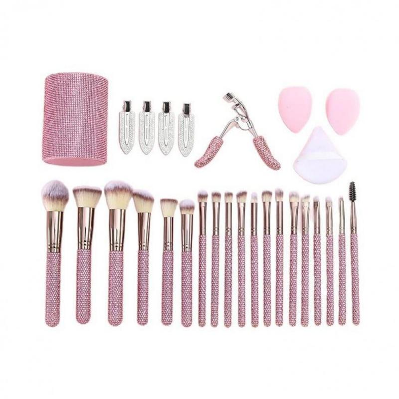 JOS 28-Piece Diamond Encrusted Makeup Brush Set for Women - Pink Glitter Brushes, Hand Bowl, Lash Tools, Full Beauty Kit for Flawless Looks, Luxurious Series, Nylon Bristles eyebrow  pluck birthday idea micro applicator brush dramatic metal curle fir get