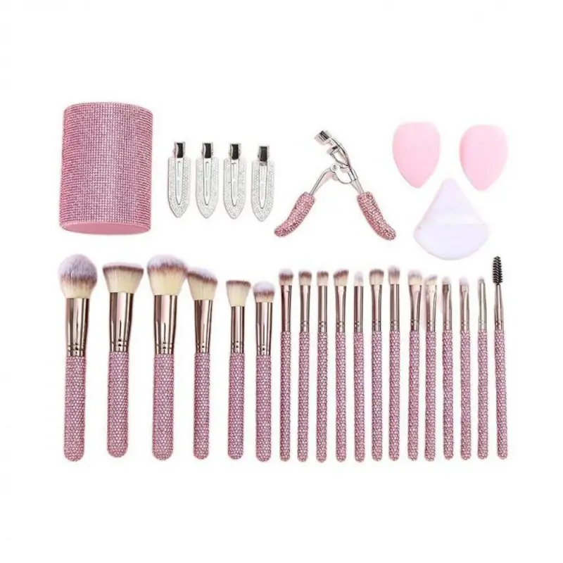 JOS 28-Piece Diamond Encrusted Makeup Brush Set for Women - Pink Glitter Brushes, Hand Bowl, Lash Tools, Full Beauty Kit for Flawless Looks, Luxurious Series, Nylon Bristles eyebrow  pluck birthday idea micro applicator brush dramatic metal curle fir get