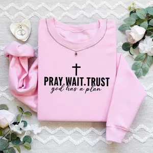 Women's "Pray, Wait, Trust God Has A Plan" Hoodie, Long Sleeve Sweatshirt with Polyester-Spandex Fabric
