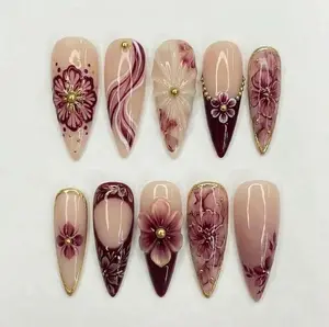 Handmade Burgundy Floral Press On Nails, 3D Flower Nail Set, Nude & Wine Red Gradient, Elegant Luxury Nail Design