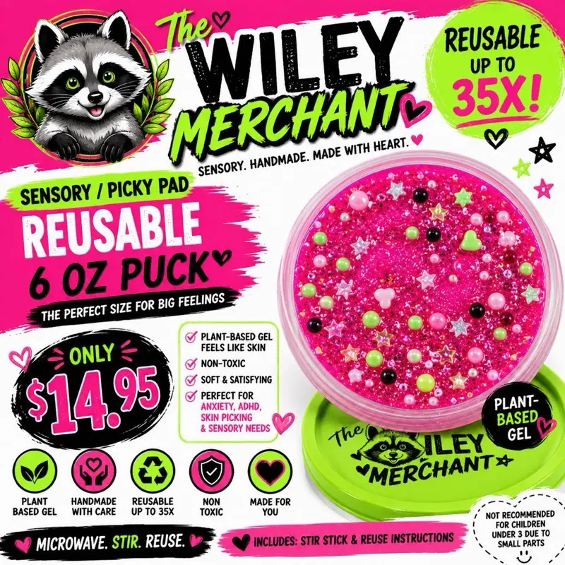 The Wiley Merchant Custom 6oz Picky Pad & Refill Puck - Portable, Non-Toxic Stress Relief Toy for Emotional Regulation, Anxiety Management, Sensory Calming (Beads, Appliqués, Fidget Toys Color Personalization Available), Manage Anxiety
