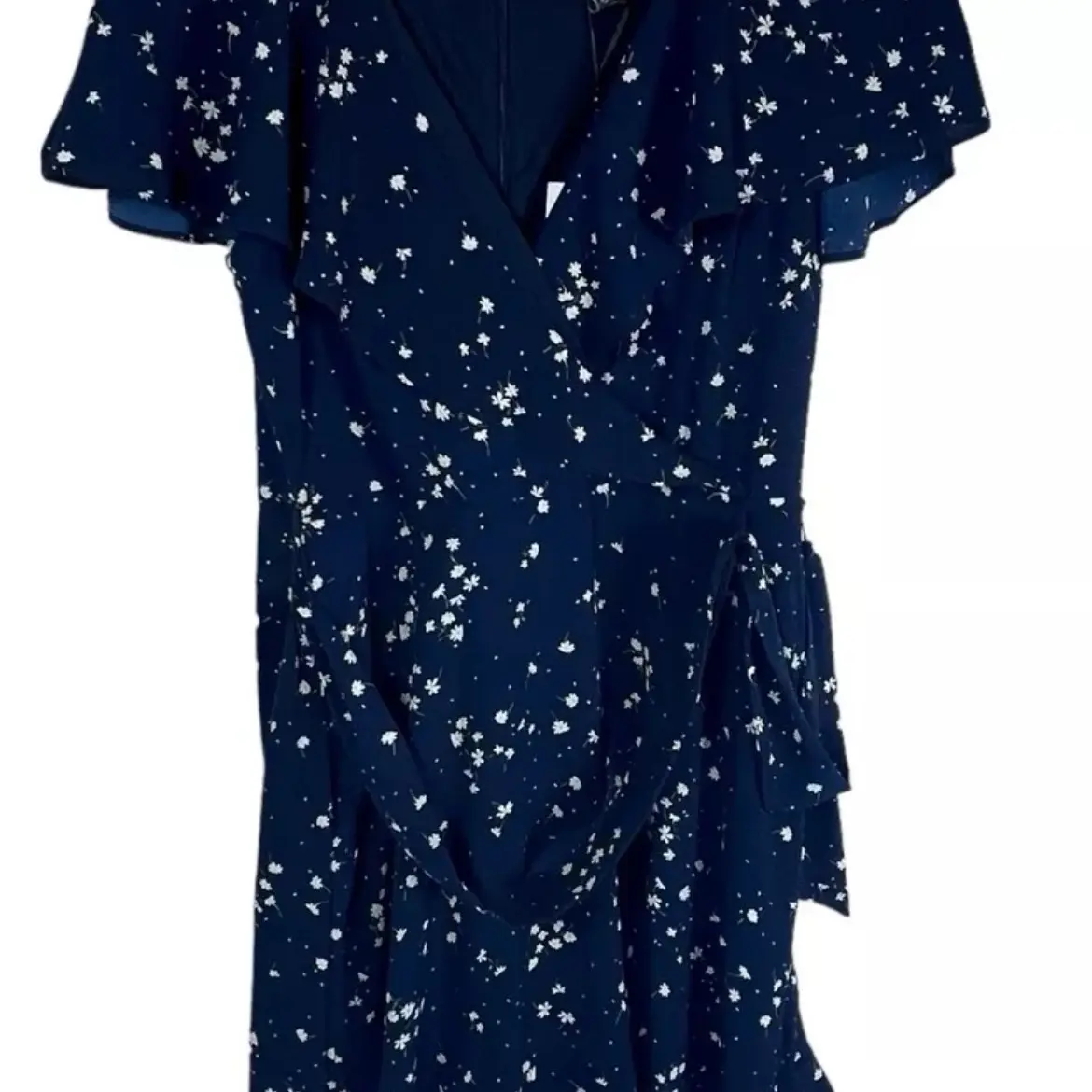 DKNY Womens Navy Zippered Belted Ruffled Hem Lined Floral Flutter Sleeve V Neck Dress Casual Lady Comfort