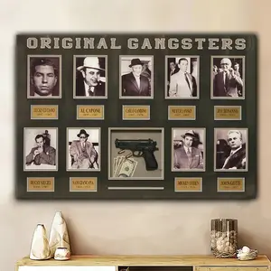 Gangster Theme Canvas Wall Art with Wood Frame - Vintage Black & White Photos of Original Gangsters, Monochrome Design for Living Room, Office, or Bedroom Decor, Unique Gift Idea
