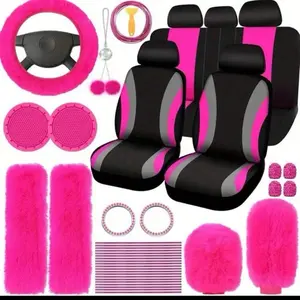 45-Piece Car Seat Covers & Interior Accessories Set, Car Interior Accessory, Polyester Five-Seat Car Seat Covers, Plush Steering Wheel Cover, Shoulder Pads, Gear Shift Knob Cover, Cup Pads, Tire Valve Caps, Stitching Trim Strips