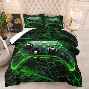 2/3Piece Neon Video Game Controller Comforter Set, Warm and Soft Bedding Set, Modern Geometric Honeycomb Print, Perfect for Boys' and Girls' Bedrooms, Ideal for Gaming Rooms, Perfect Gift