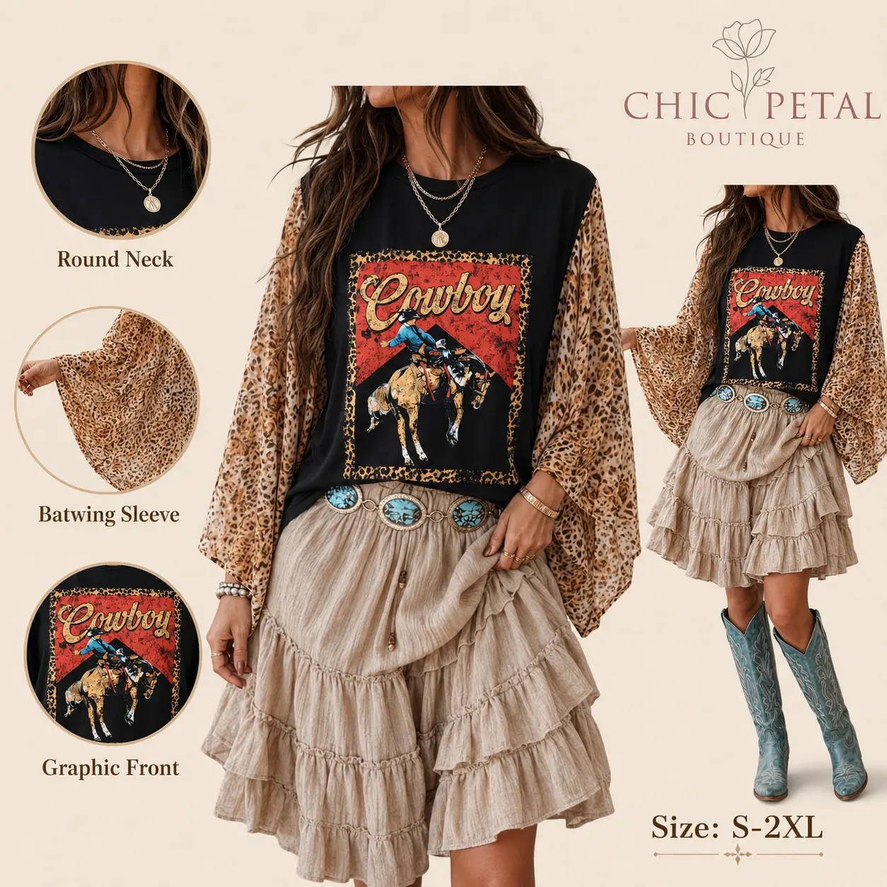 Women’s Black Western Cowboy Leopard Print Bohemian Batwing Long-Sleeve Flowy Round Neck Tiered Blouse - Lady, Chic, Retro, Casual Everyday Wear, Cowboy Front Graphic Design, Shirts, Skirt