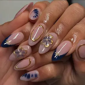 24pcs Long Almond Flower Blue Color Press-On Nails Set, Includes Jelly Glue and Nail File, Easy Wear, Perfect for Parties, Dance, Daily Use