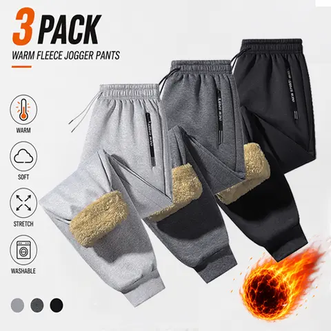 Men’s 3-Pack Polar Fleece Thermal Joggers - Casual Street, Street Style Cold Weather Pants, Thick Warm-Lined Sweatpants, Casual Street Joggers, Polar Fleece Jogger
