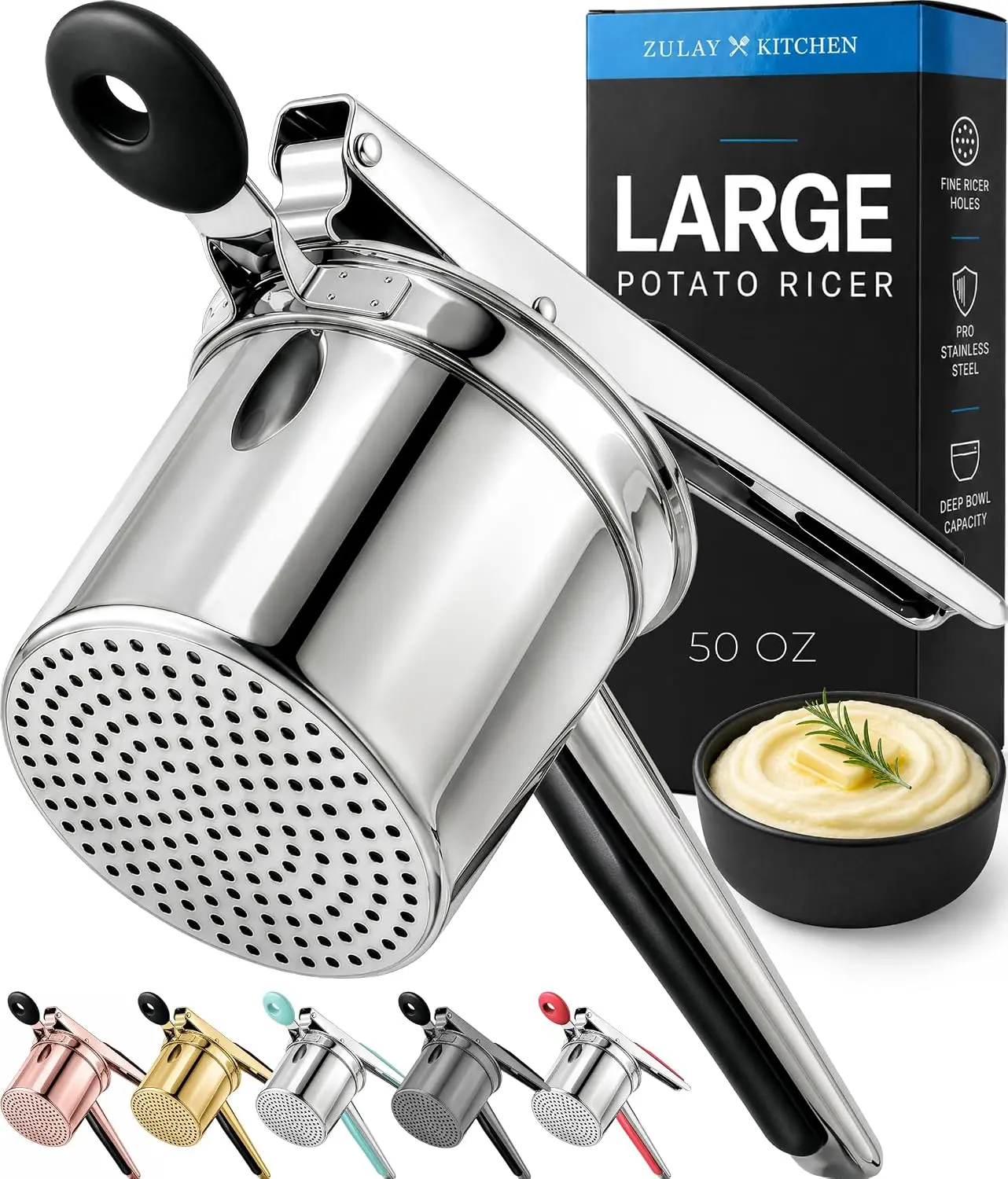 Zulay Kitchen 15oz Heavy Duty Potato Ricer - Stainless Steel Masher & Press for Perfect Mashed Potatoes - Durable Kitchen Gadget
