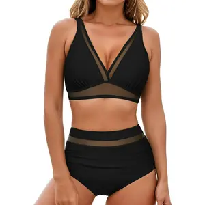 High-waisted bikini two-piece swimsuit set, women's only, with a tummy-flattening effect, V-neck mesh bikini swimsuit.