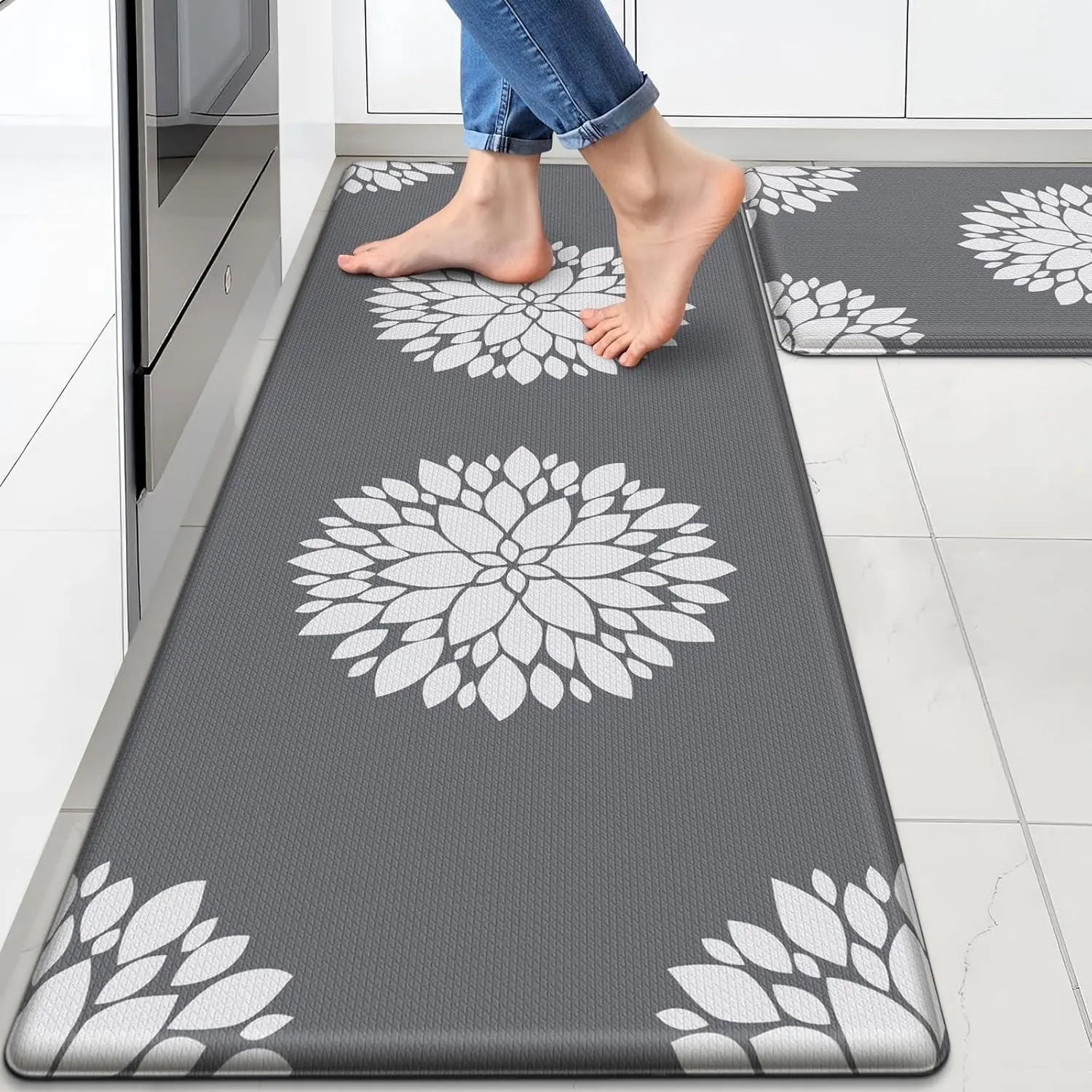 Kitchen Mats for Floor [2PCS], Soft Anti Fatigue Kitchen Rugs for Home, Water Resistant Cushioned Standing Desk Mats, Non-slip Comfort Mat for Floor, Kitchen, Office, Sink, Laundry (Grey)