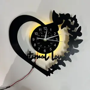 Vintage Heart Shape Vinyl Record Wall Clock, Decorative, LED Seven Colors, Glow in Dark, Silent, Butterfly Design, Ideal Gift for Living Room, Bedroom, Office