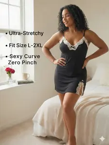 Sexy V-Neck Lace Babydoll Lingerie - Super Stretchy Comfort for Curvy Women - One Size Plus Size Nightgown