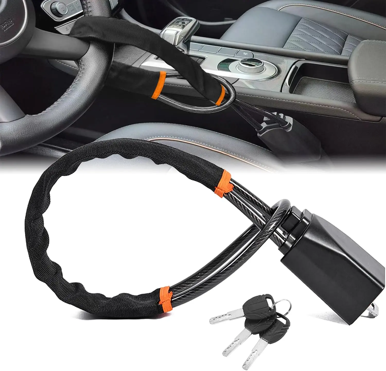 Car Steering Wheel Lock, Seat Belt Lock, Anti-Theft Device, Max 17 Inch Length, Small and Light-Weight, Multi-Functional, Fit Most Vehicle, SUV, Golf Cart Security (Black)