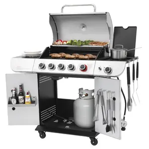 Royal Gourmet SG5002 5-Burner Gas Grill with Sear Burner and Side Burner, Stainless Steel Cabinet Style Gas Grill with 61,000 BTU Output, for Outdoor Patio Garden Picnic Backyard Cooking, Silver Portable Bbqs
