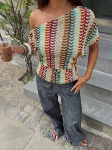 1 Piece Boho Colorful Striped Off-Shoulder Knit Top, Slim Fit Short Sleeve T-Shirt, Outfit for Beach Vacation, Music Festival & Daily Wear