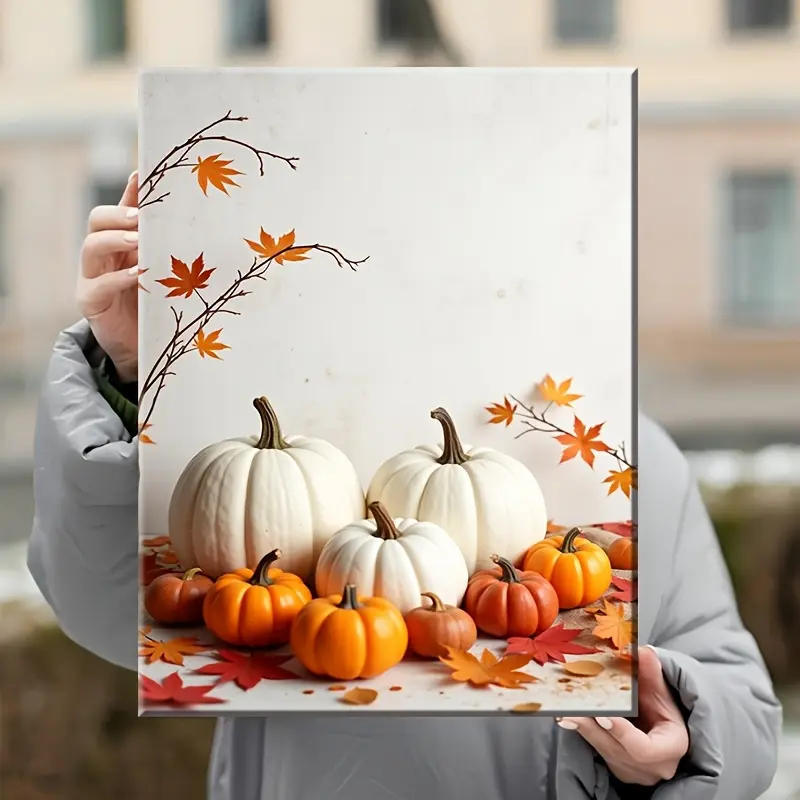 1-Piece Unique Waterproof Canvas Painting with Solid Wood Frame - Autumn Harvest Artificial Pumpkin & Maple Leaf Seasonal Decor, Ready to Hang for Home, Living Room or Bedroom