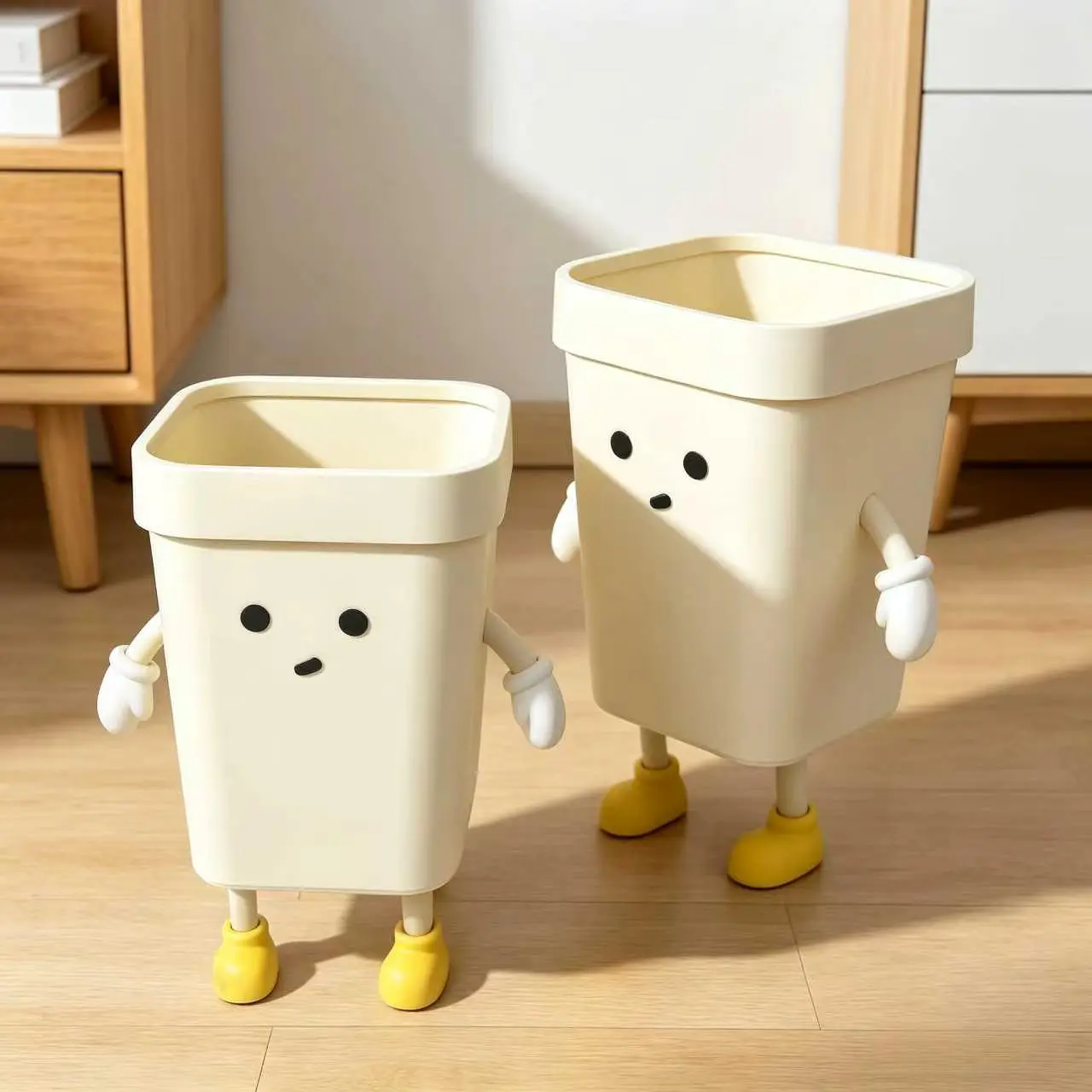 Kawaii 2-Pack Cartoon Open-Top Trash Cans - Detachable Lids, Movable Arms & Legs, 7L & 12L Sizes - Home Supplies for Bedroom, Kitchen Organization