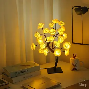 2025 Valentine's Day pink rose artificial tree light, Pink square-bottom rose lamp LED luminous desktop decoration, romantic bedroom night light, wedding decoration, proposal gift Valentine's Day Pink Rose Light Tree
